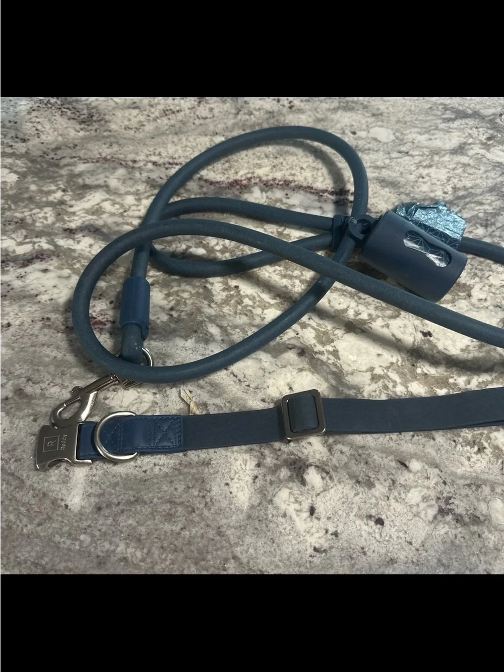 Large Blue Waterproof Dog Collar, Leash, Poop Bag Holder Set